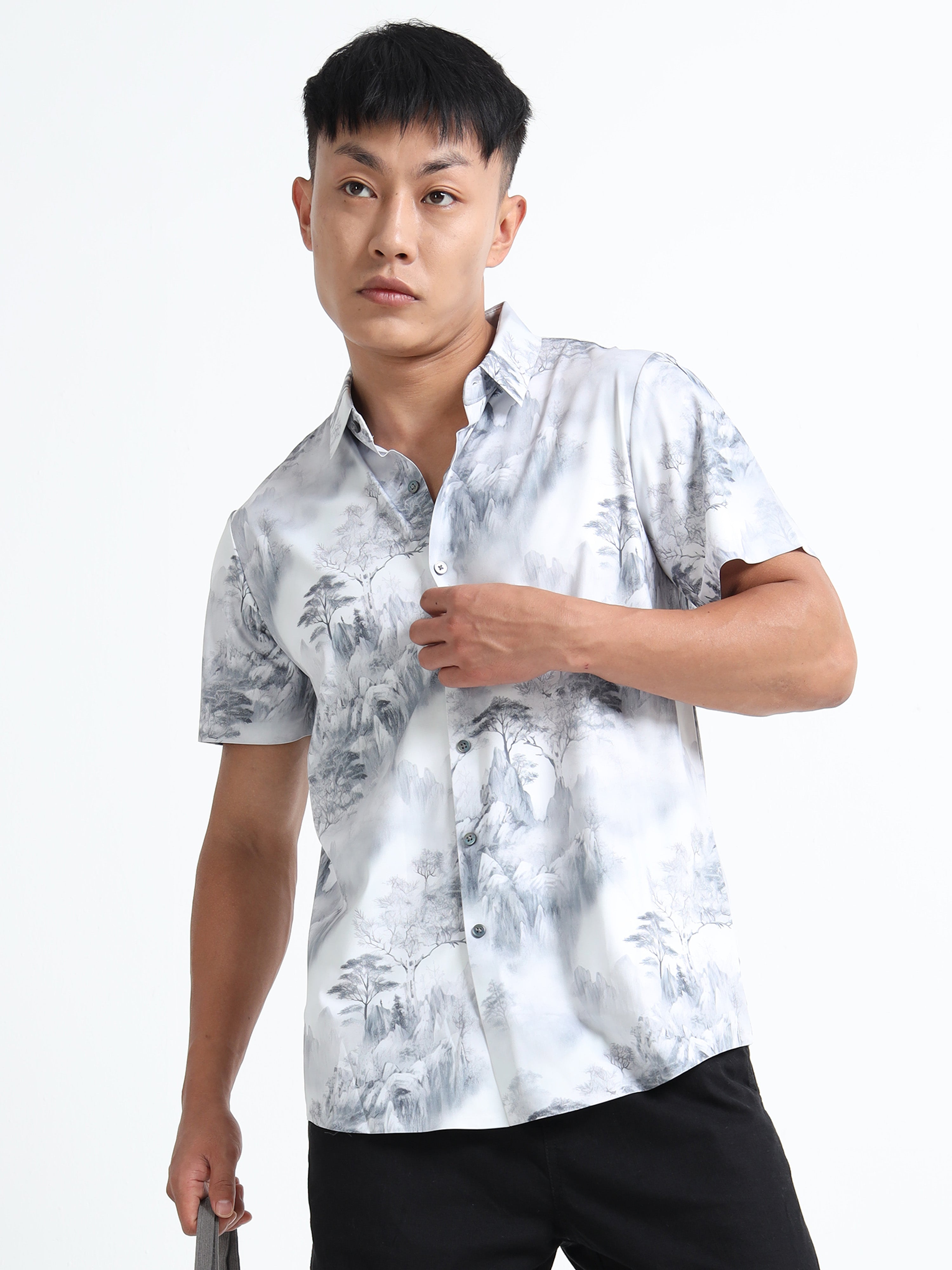 Monochrome Landscape Print Shirt – Artistic Elegance in Motion
