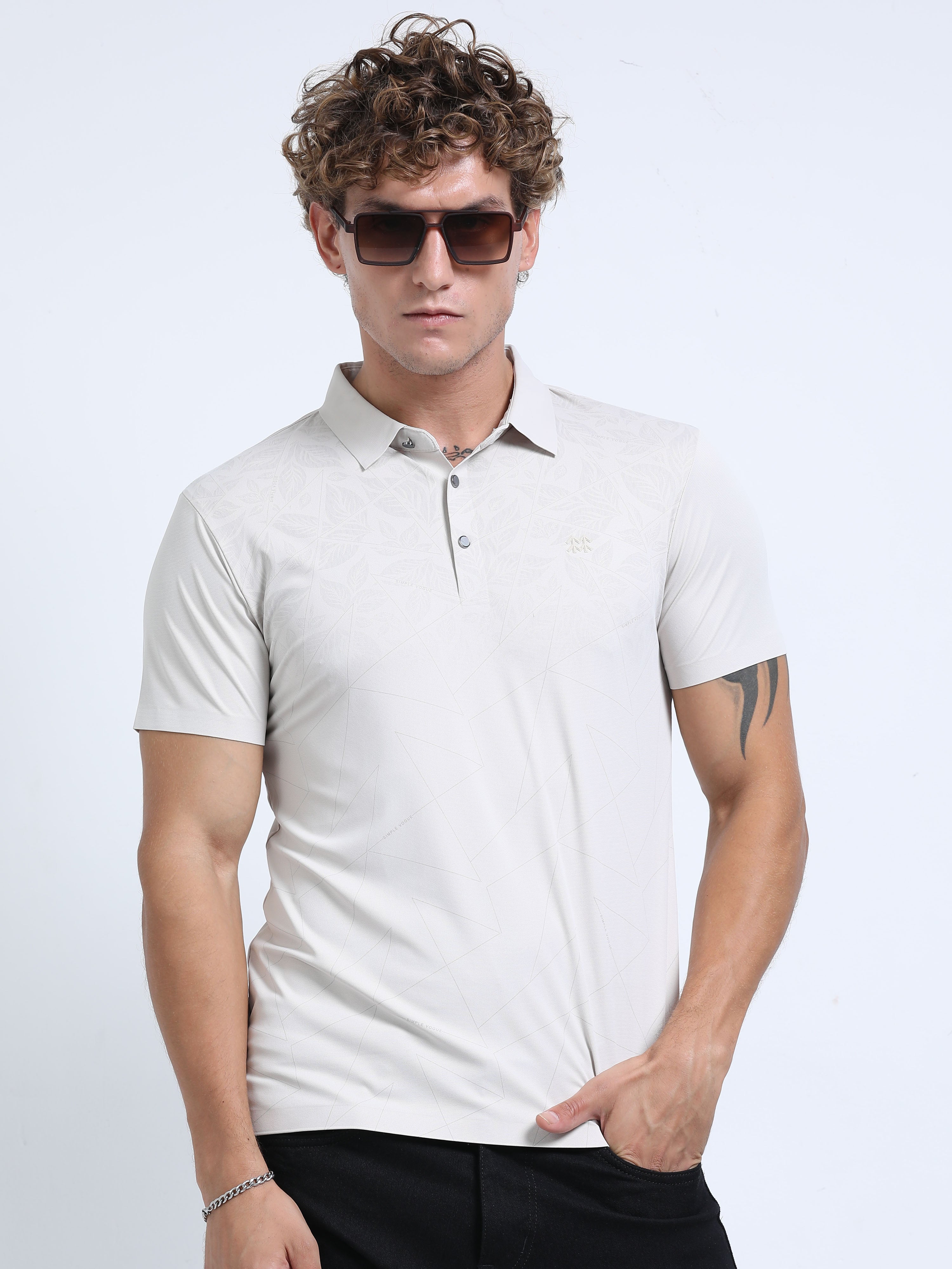Geometric flower Print Polo T-Shirt – Modern Minimalist Comfort